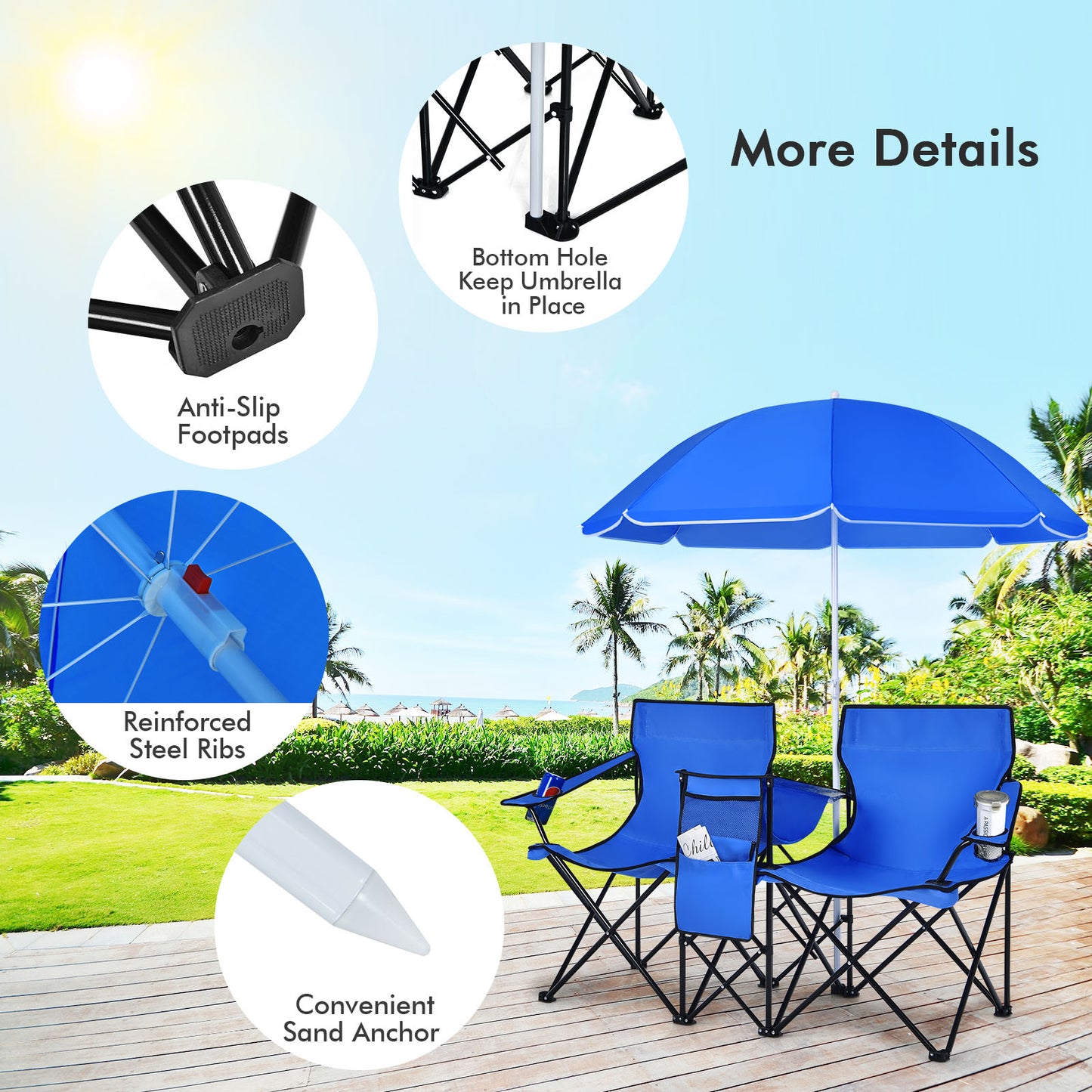 Portable Folding Picnic Chair with Adjustable Umbrella - Blue