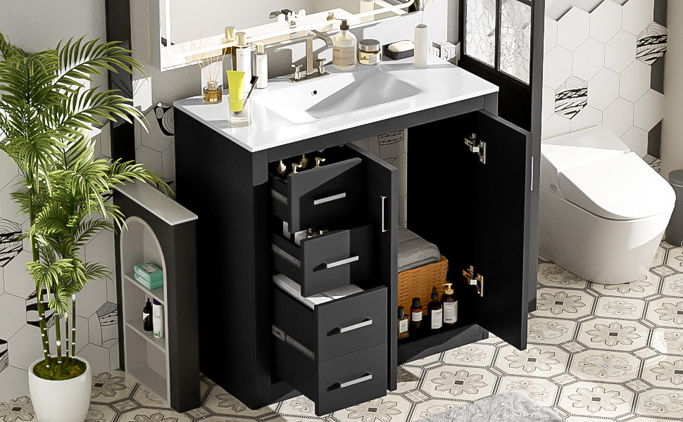 36-Inch Black Bathroom Vanity with Ceramic Sink & Soft-Close Drawers