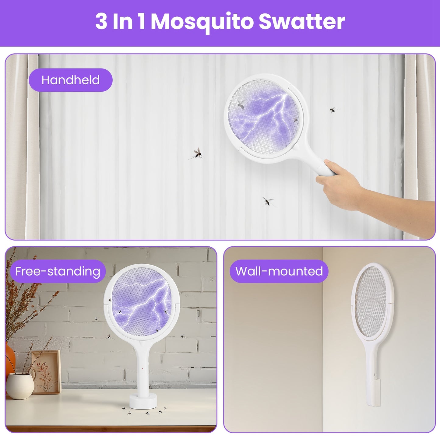 Electric Bug Zapper Racket with Rotating Head & Telescopic Extension - Indoor Outdoor Mosquito Swatter