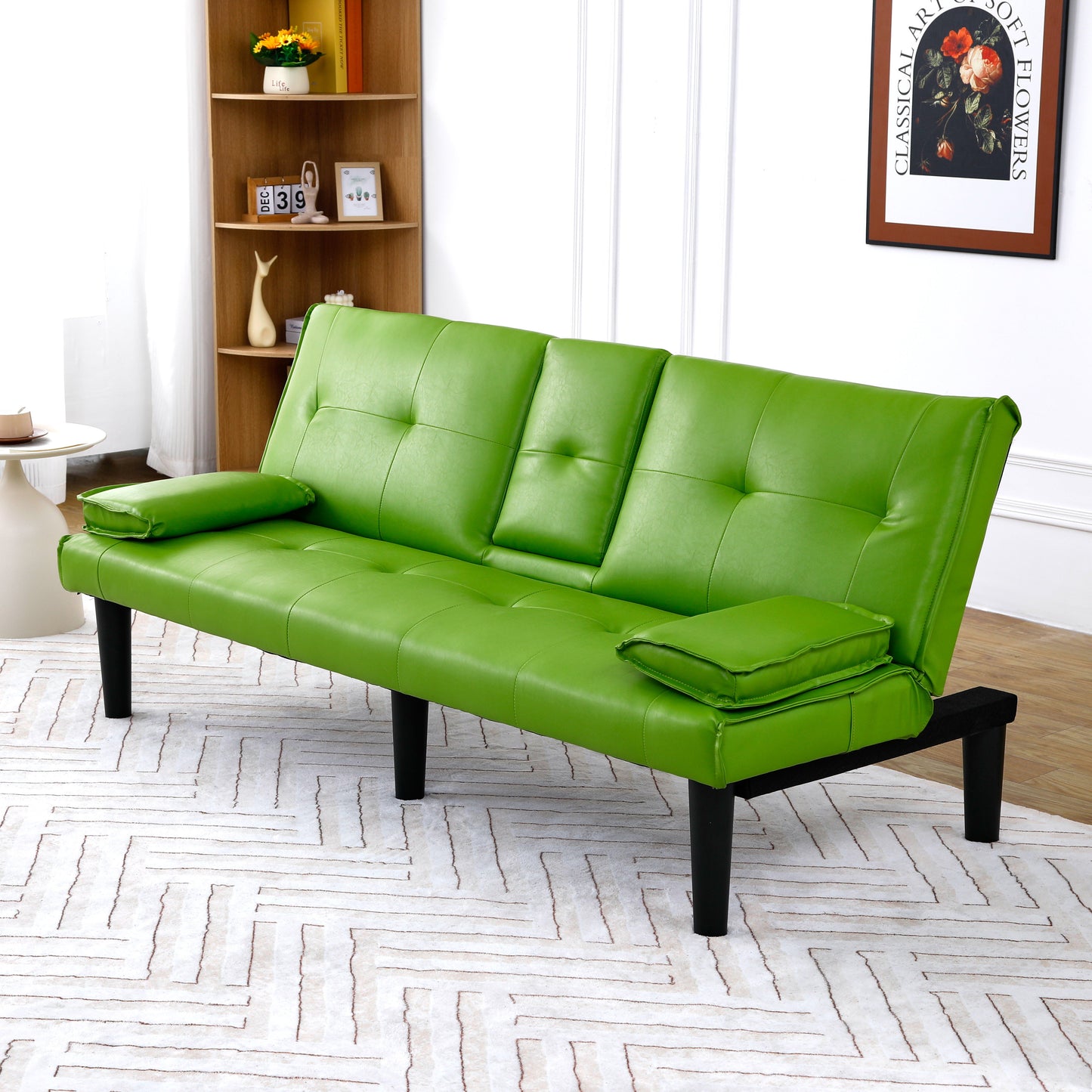 67-Inch Green PVC Multi-Functional Sofa Bed with Cup Holder