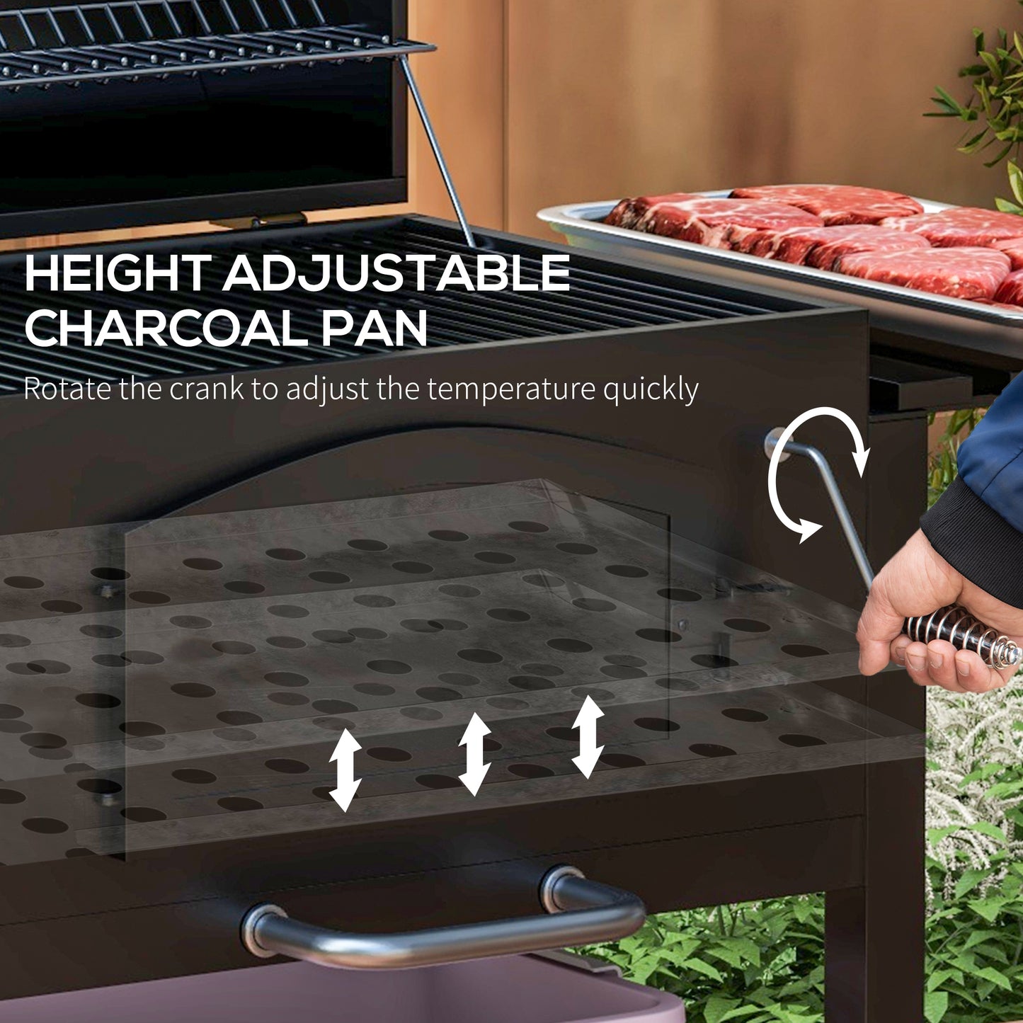 Charcoal BBQ Grill with Adjustable Height and Folding Shelves