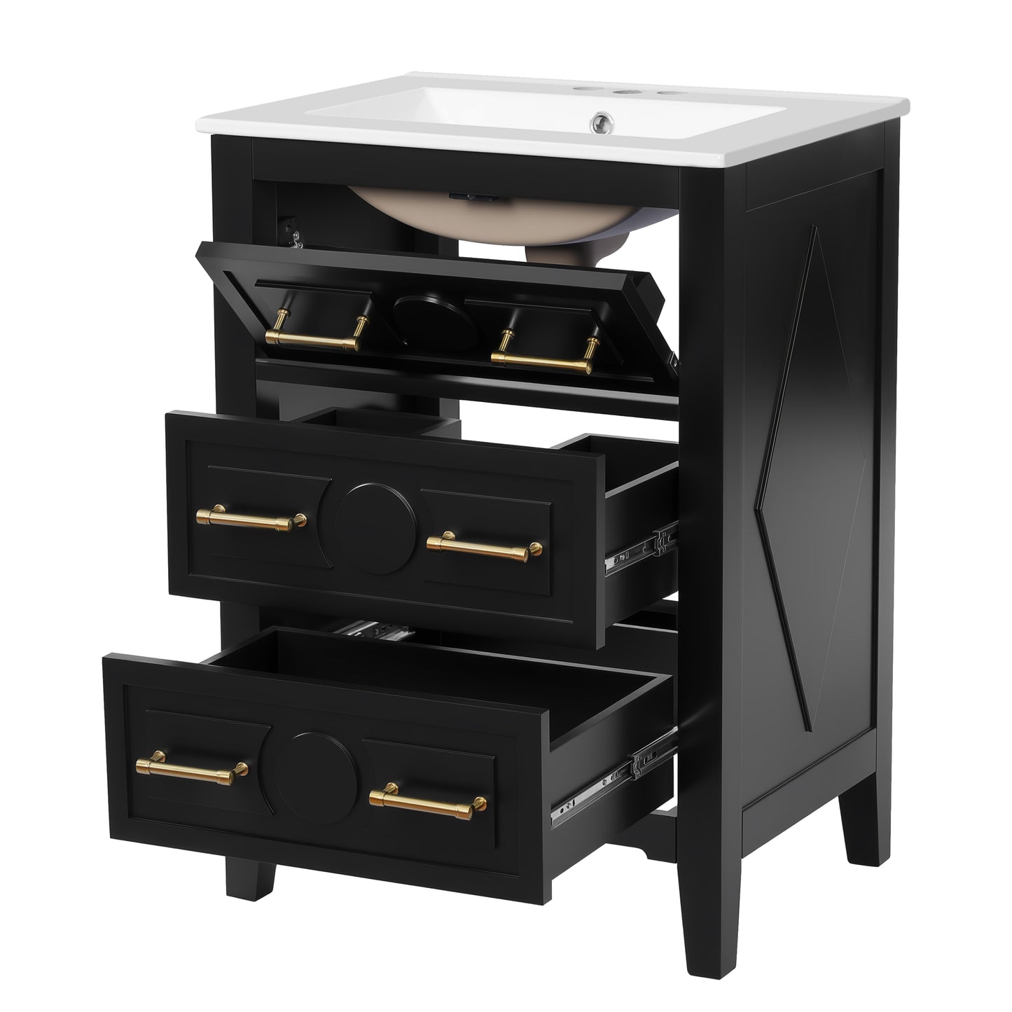 24'' Bathroom Vanity with Ceramic Sink - Black, 3 Drawers