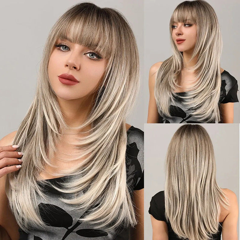 Women's Long Straight Synthetic Wig with Full Bangs