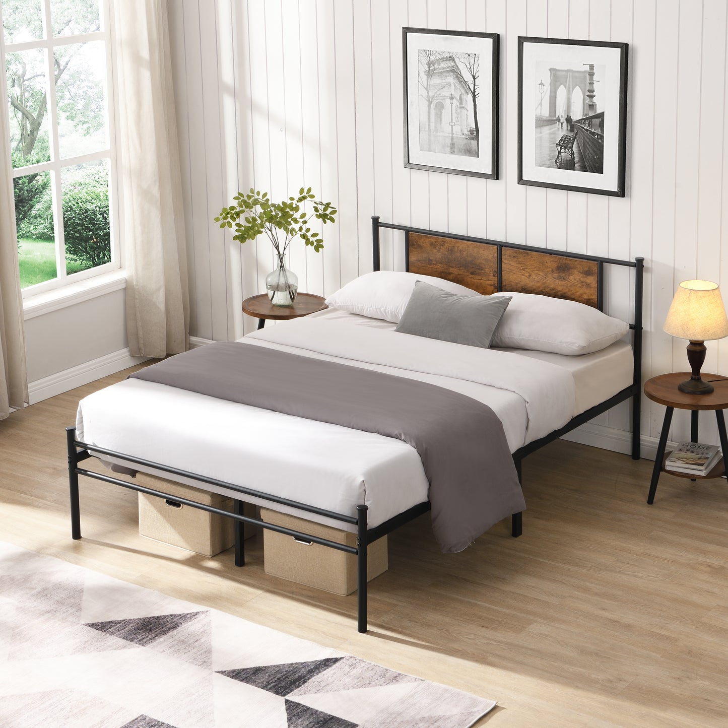 Queen Size Metal Bed Frame with Wood Panel Headboard - Black