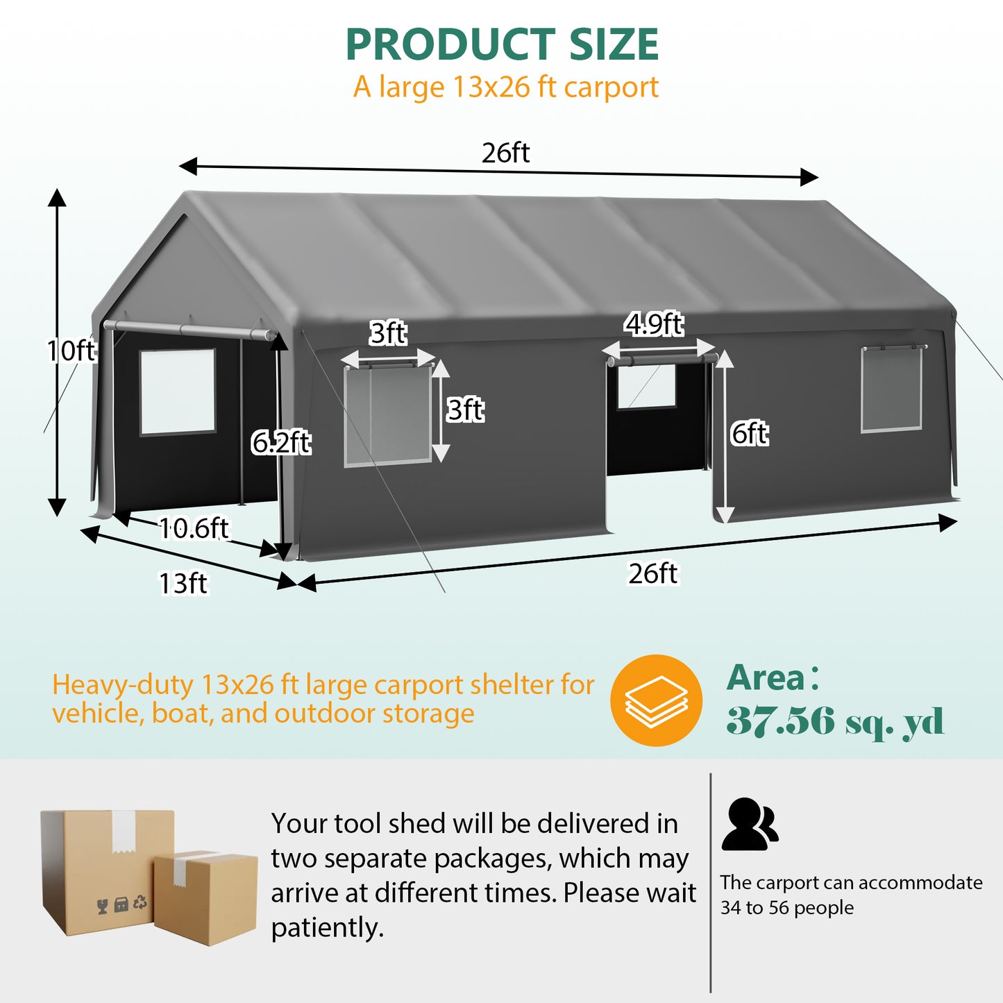 13x26 FT Heavy Duty Carport Canopy With 2 Roll-Up Doors 1 Side Door,