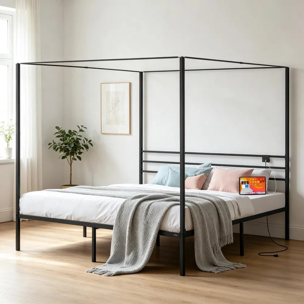 Sturdy Canopy Bed Frame with Storage Space - Metal Design