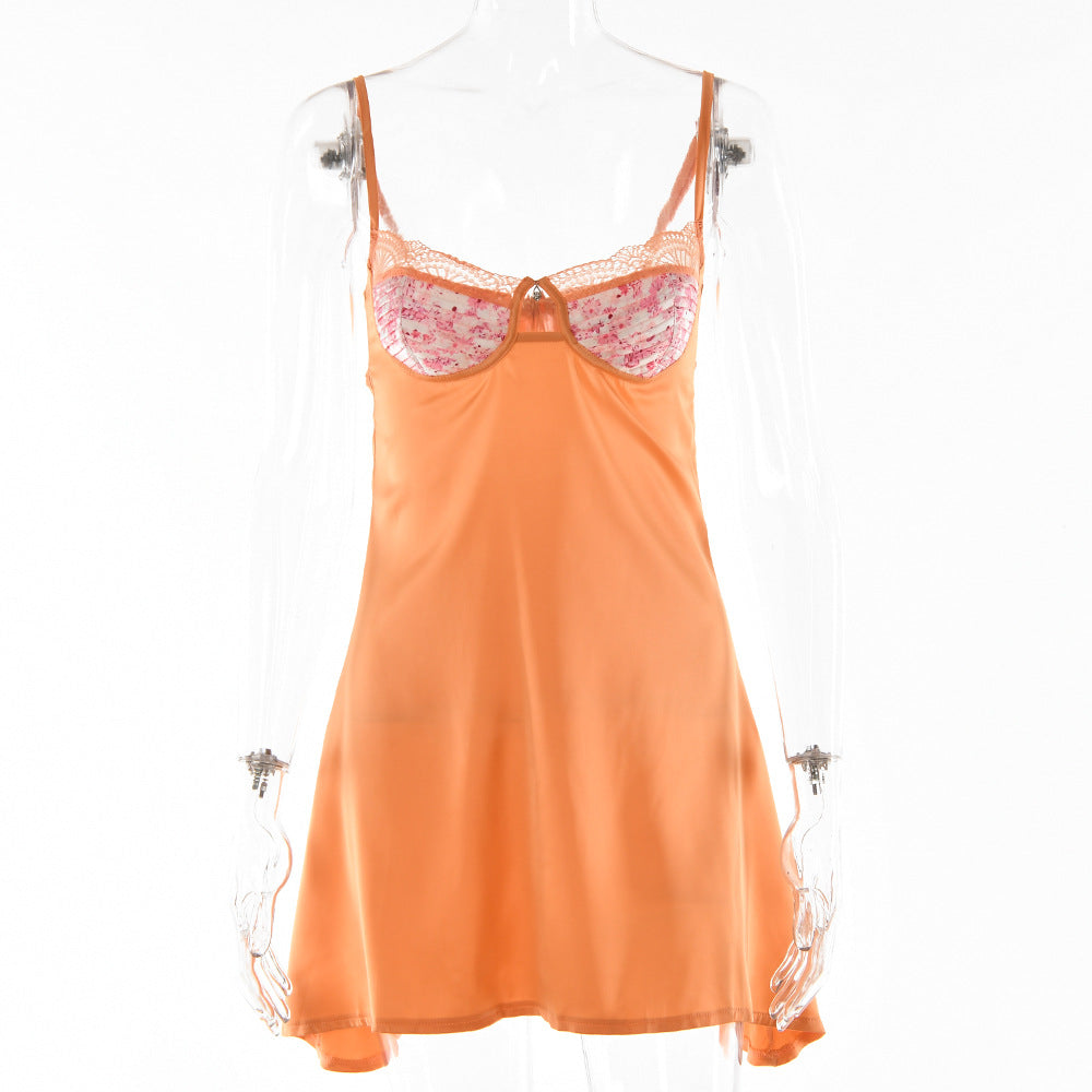 Lace Splicing Sling Short Dress with Low-Cut Design