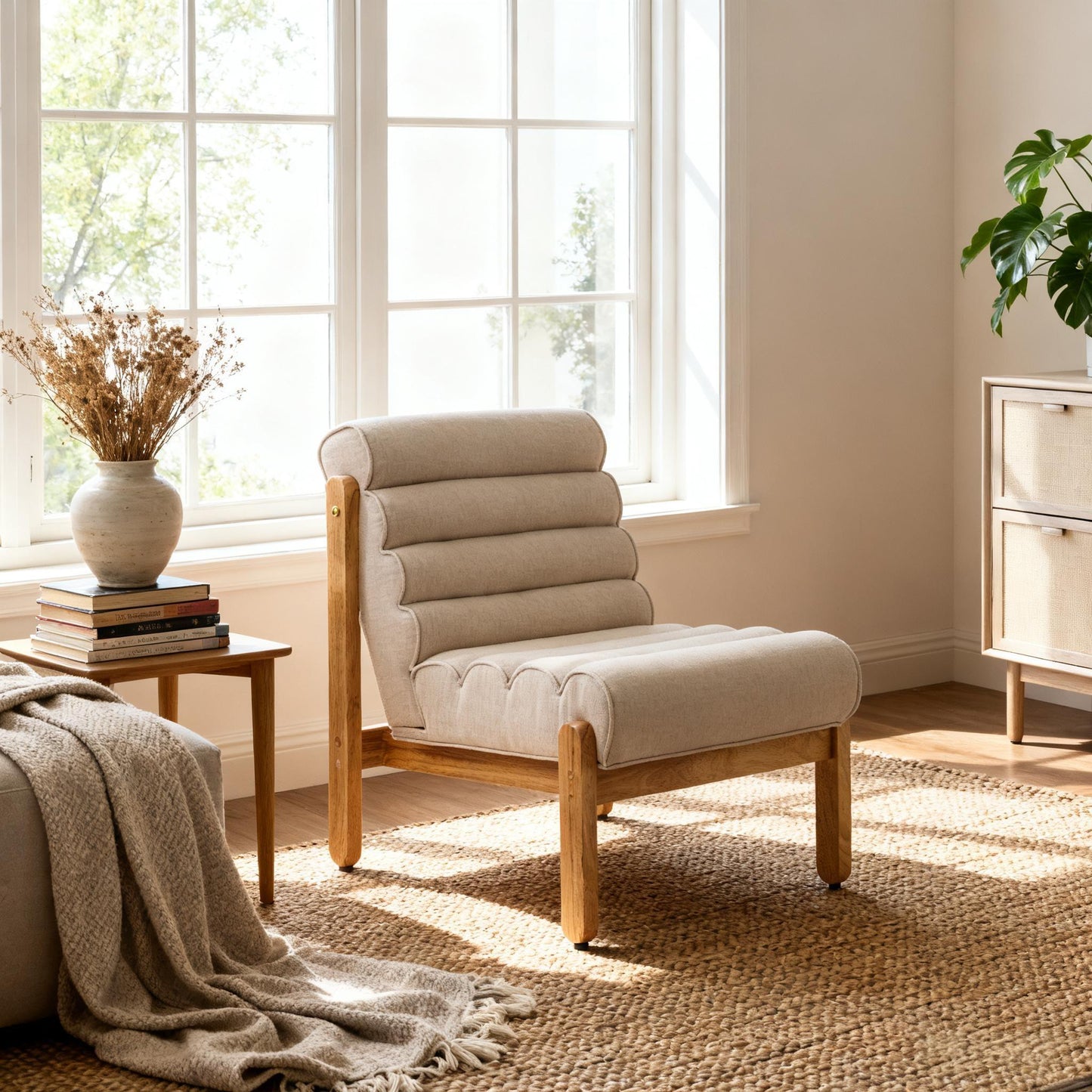 Fluffy Accent Chair Dark Beige With Natural Solid Wood Frame