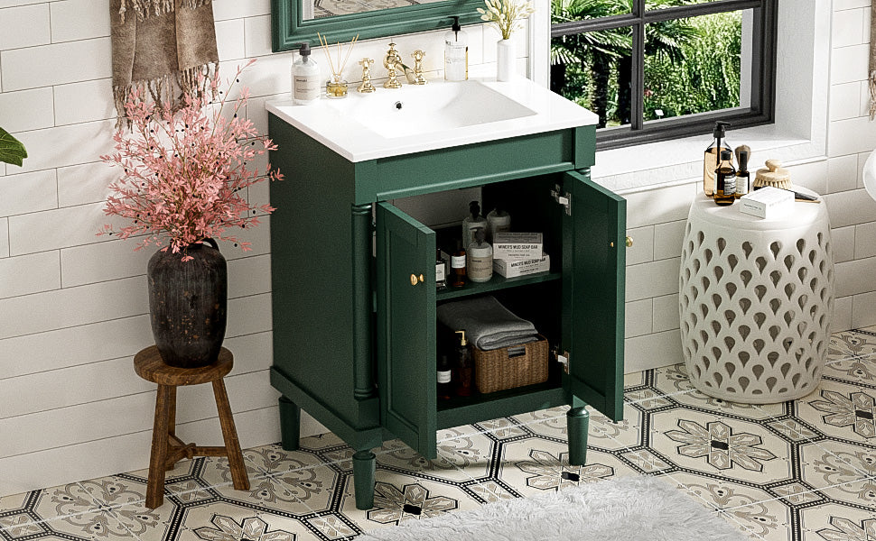 24-Inch Green Bathroom Vanity with Ceramic Sink & Storage