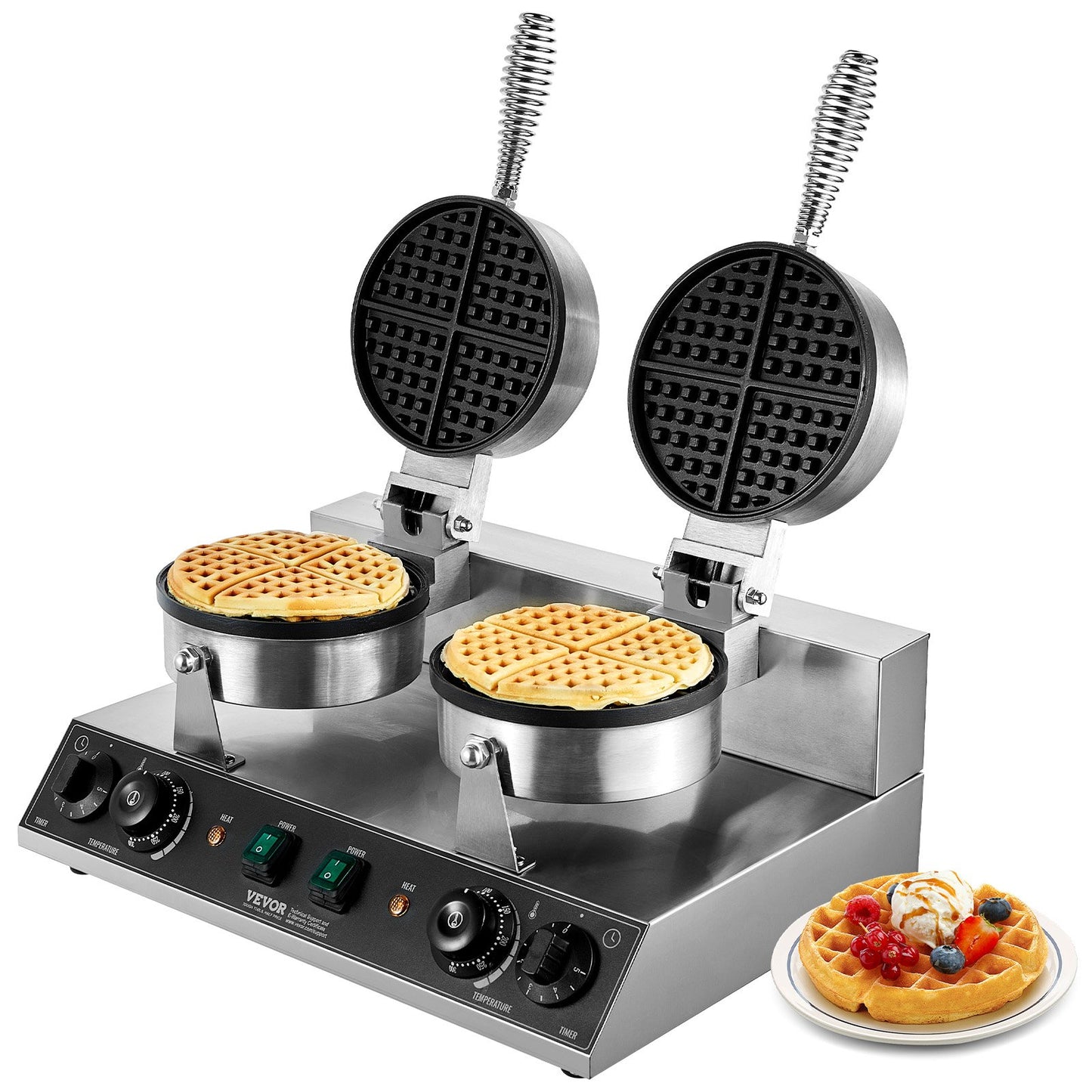 Dual-Head Commercial Waffle Maker 2460W Non-Stick Round Waffle Iron