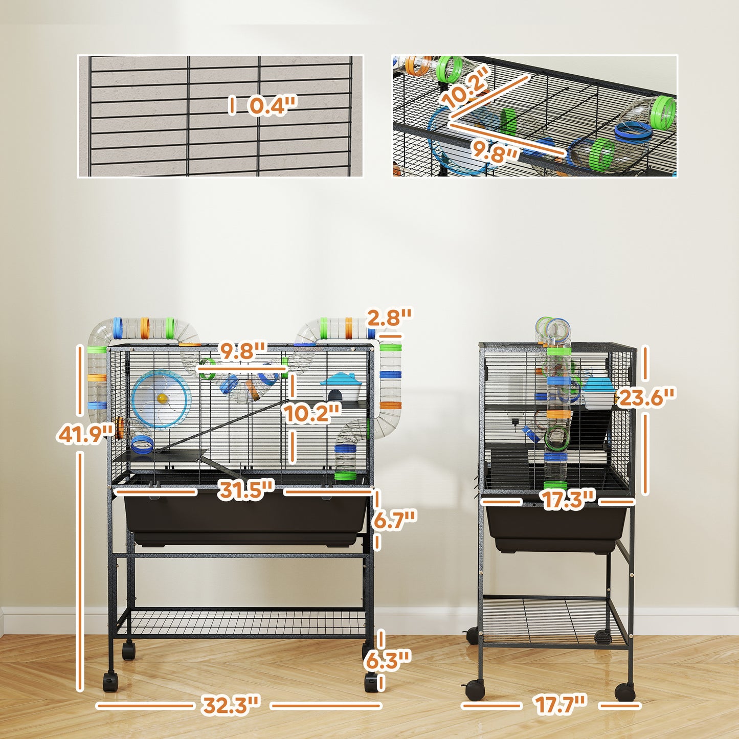3-Tier Hamster Cage with Deep Tray, Exercise Wheel & Storage Shelf - Black