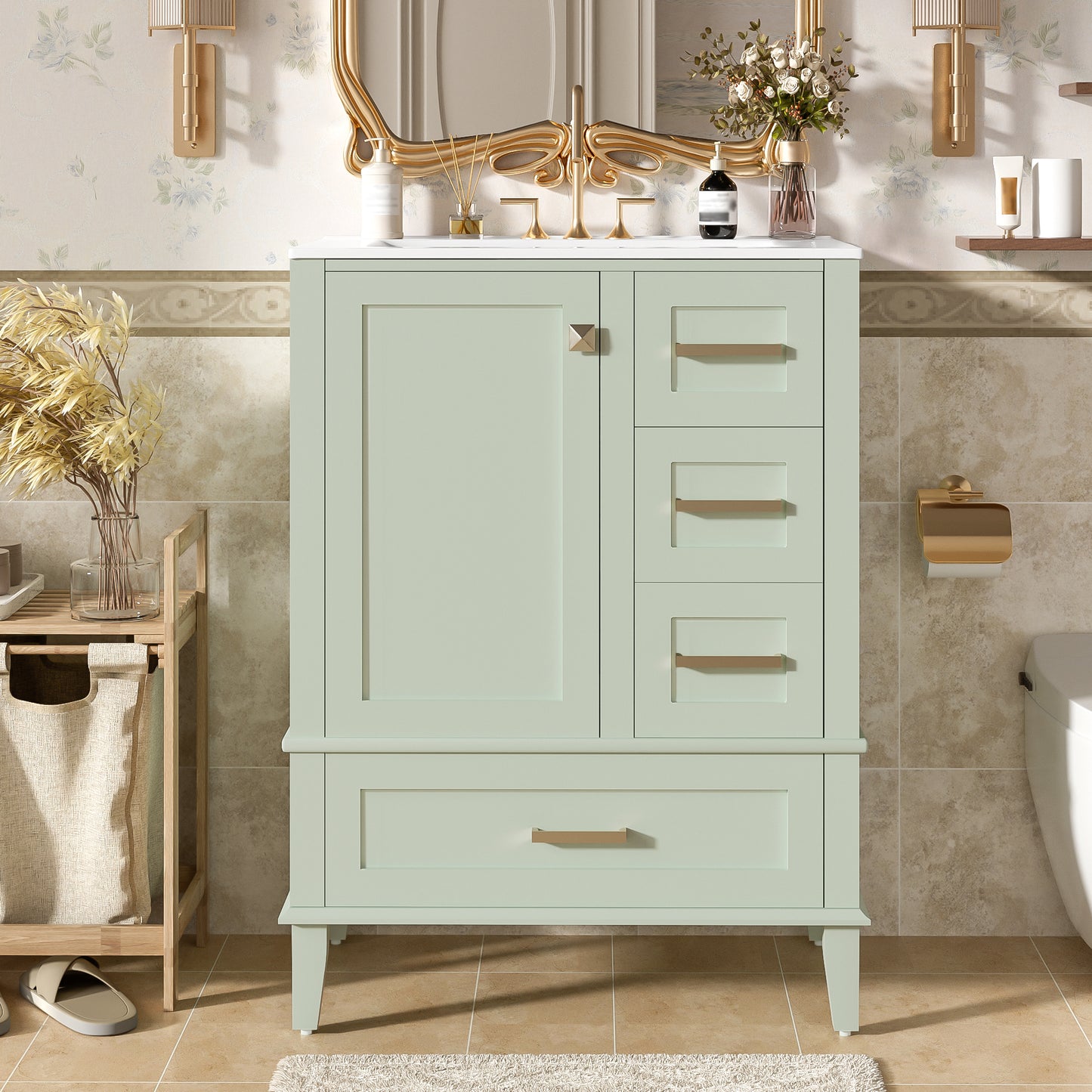 24.8" Bathroom Vanity with Ceramic Sink - Green Freestanding Cabinet
