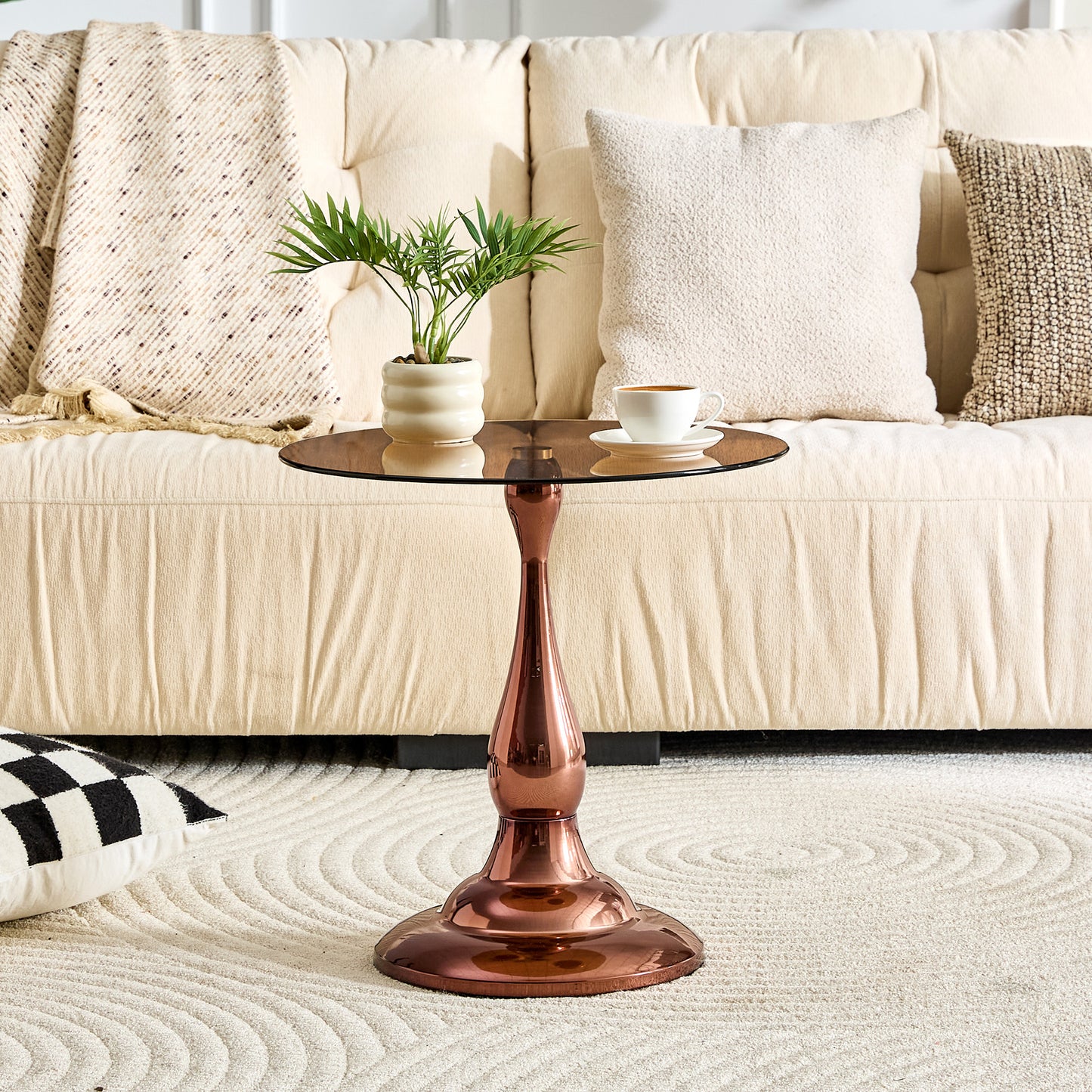 Modern Rose Gold Metal Side Table with Glass Top - 19.6 Inch
