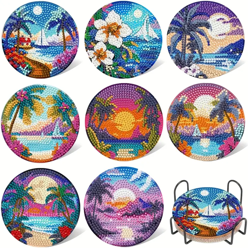 DIY Diamond Art Coaster Kit with Holder - Landscape Pattern, for Adults & Beginners