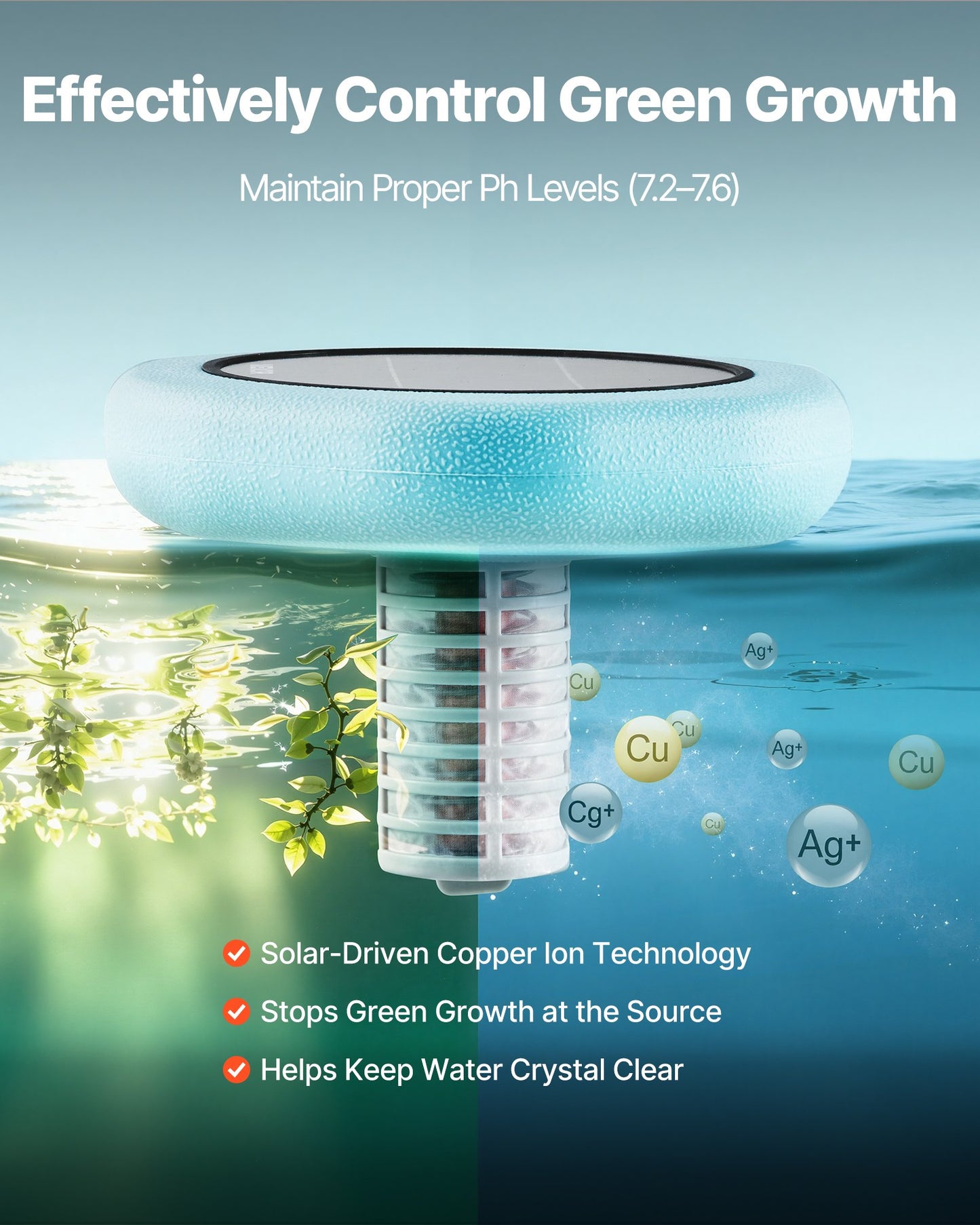 Solar Pool Ionizer for Up to 45,000 Gallons - Copper Water Purifier & Cleaner