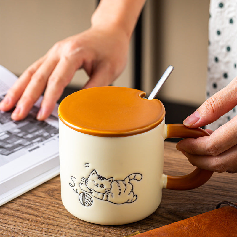 Cute Hand Painted Ceramic Cat Mug with Lid and Spoon - 380ml