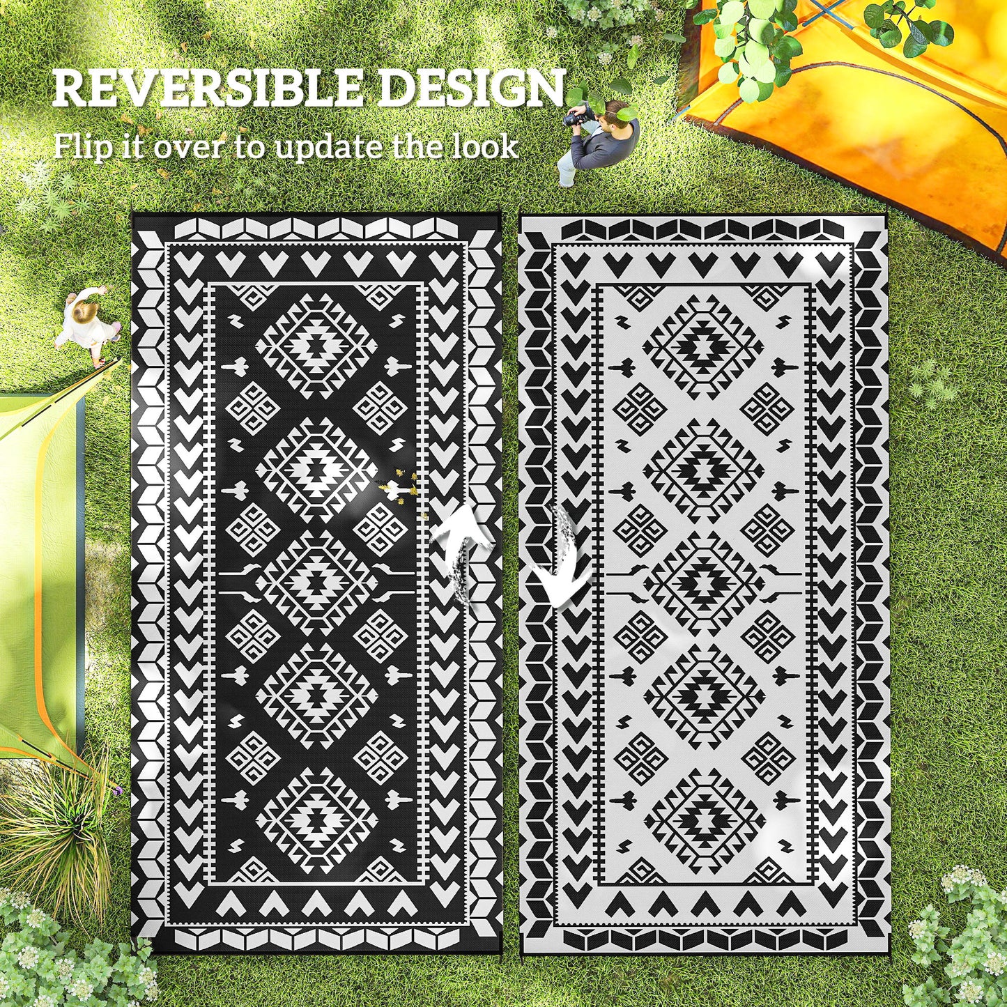 Reversible Outdoor Rug - Waterproof Plastic Straw, 9' x 18', Black & White Rhombus Patchwork