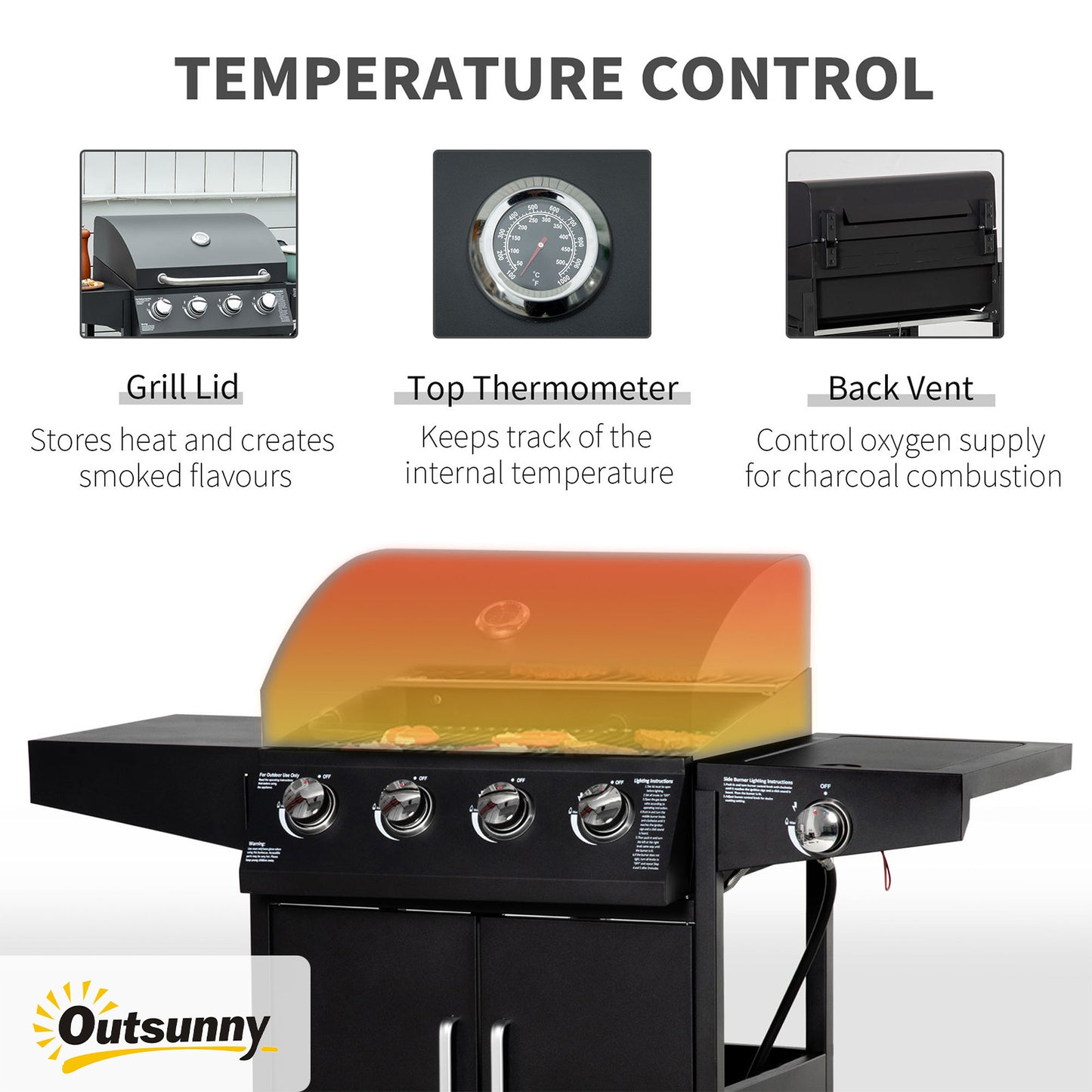 52" 4-Burner Propane Gas BBQ Grill with Side Burner & Wheels