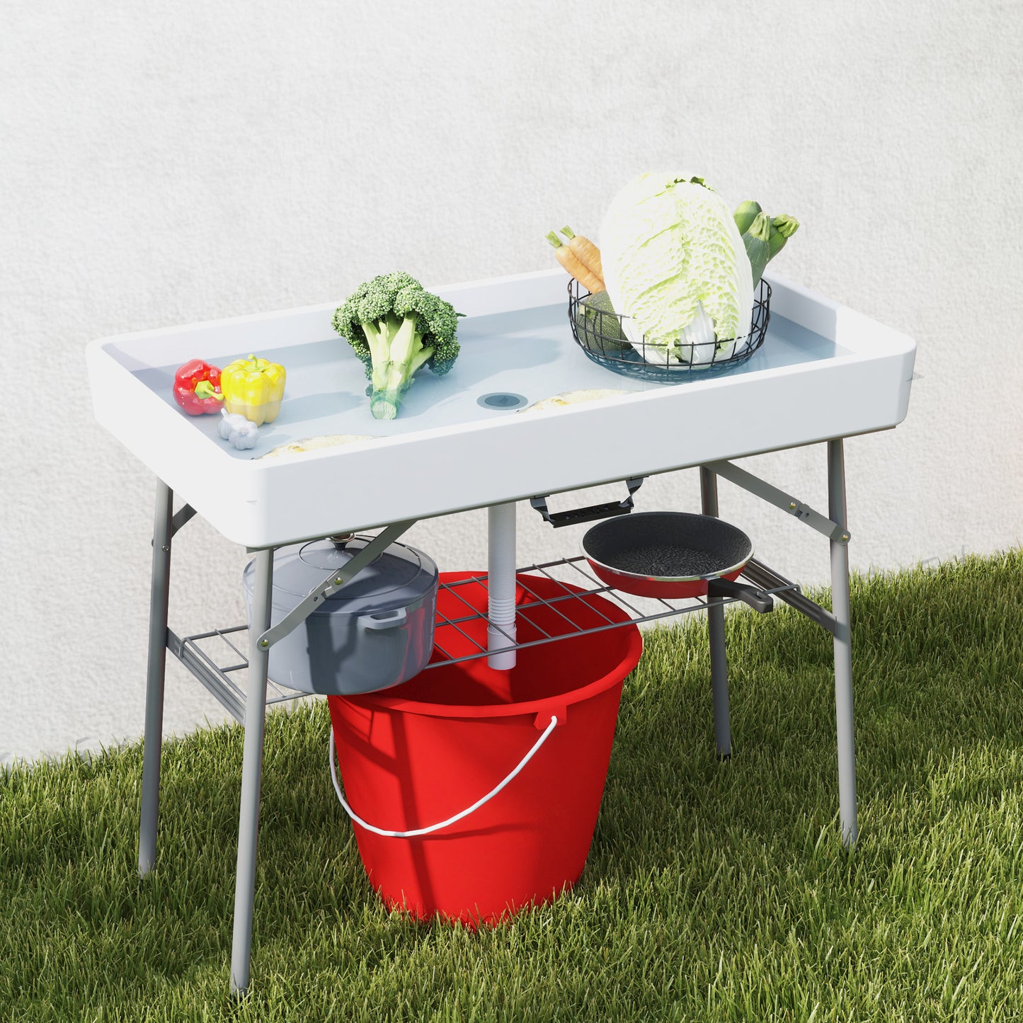 Folding Ice Cooler Table with Drain & Storage Shelf - White