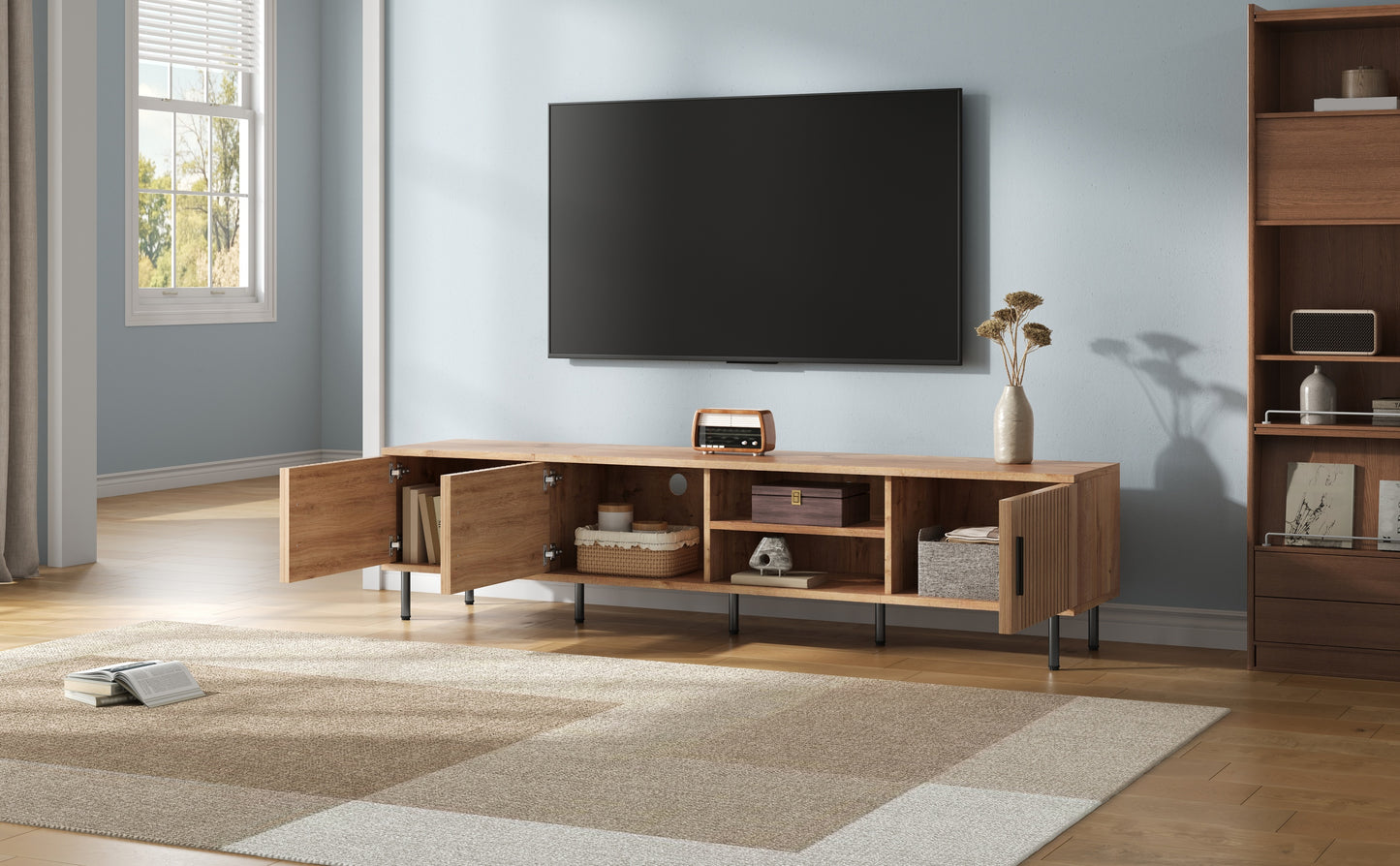 78-Inch Modern TV Stand for TVs Up to 85" - Natural Wood Finish