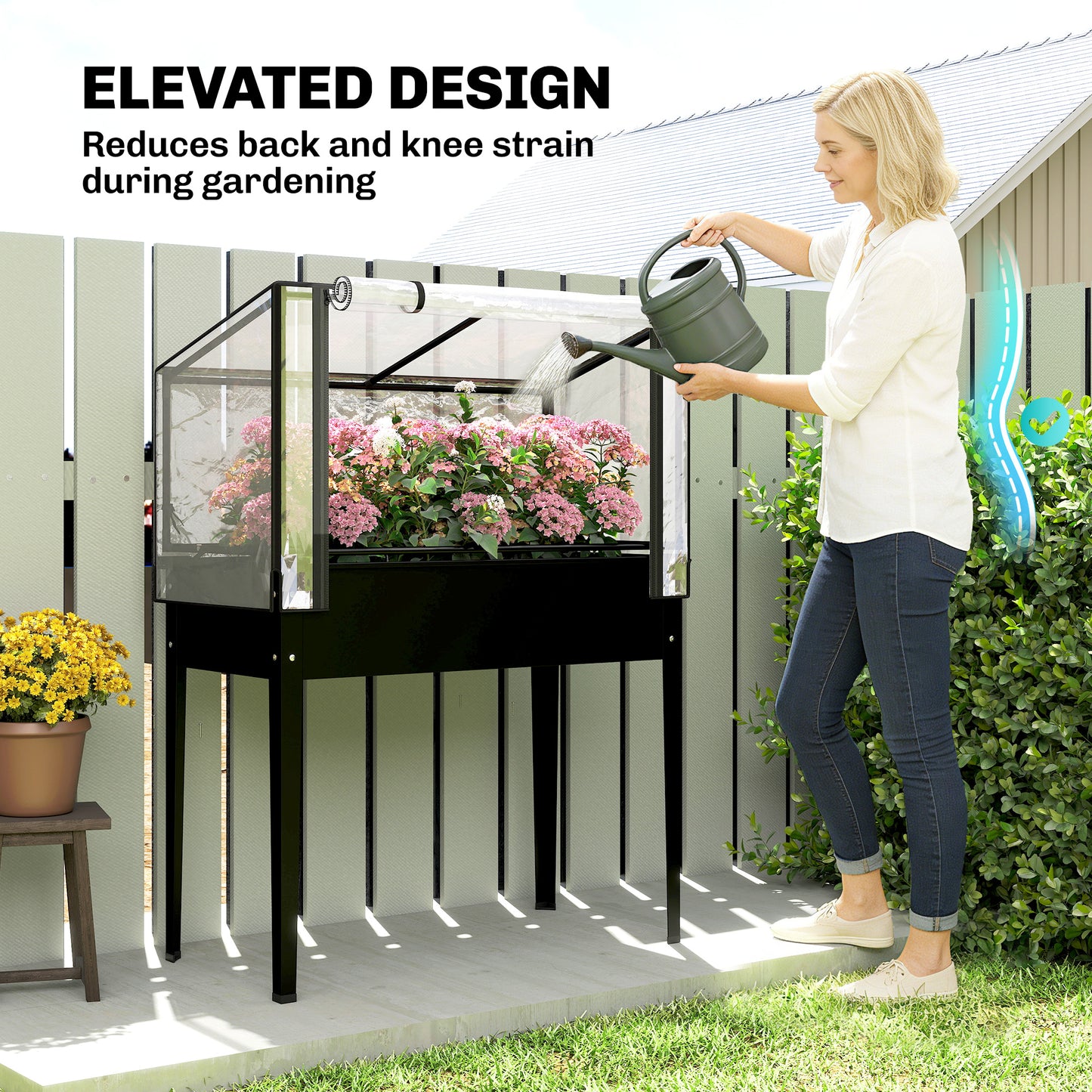 Raised Garden Bed with Flip-Up Greenhouse Cover - Metal Elevated Planter, Black, 1110x510x85 mm