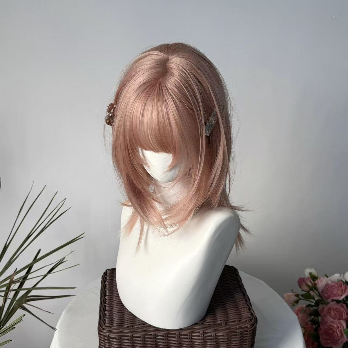 Summer Mullet Short Hair Wig with Fog Pink Color and Hair Net or Care Set