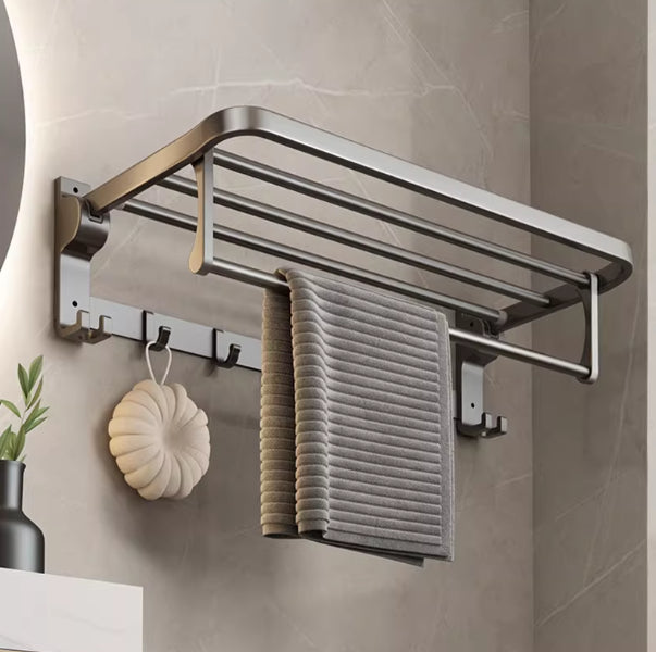 Foldable Bathroom Towel Rack with Hooks - Space Aluminum, No Drilling