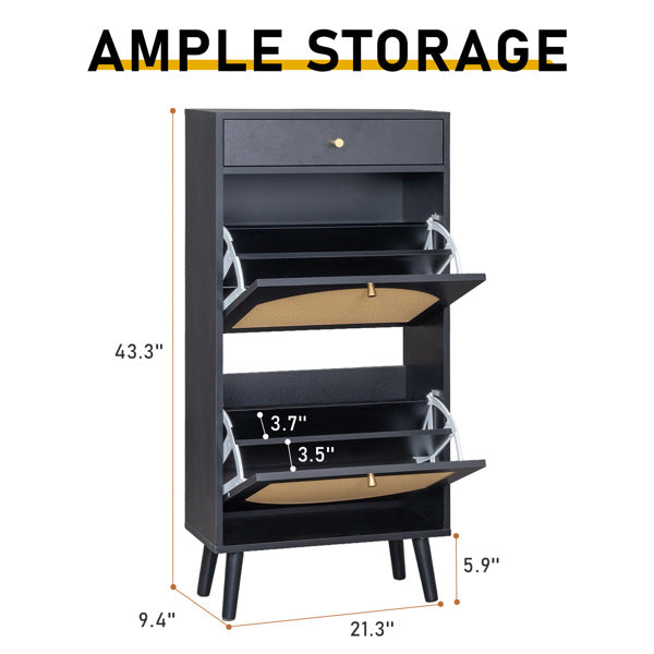 Shoe Cabinet with Drawer and Flip-Top Compartments - Black