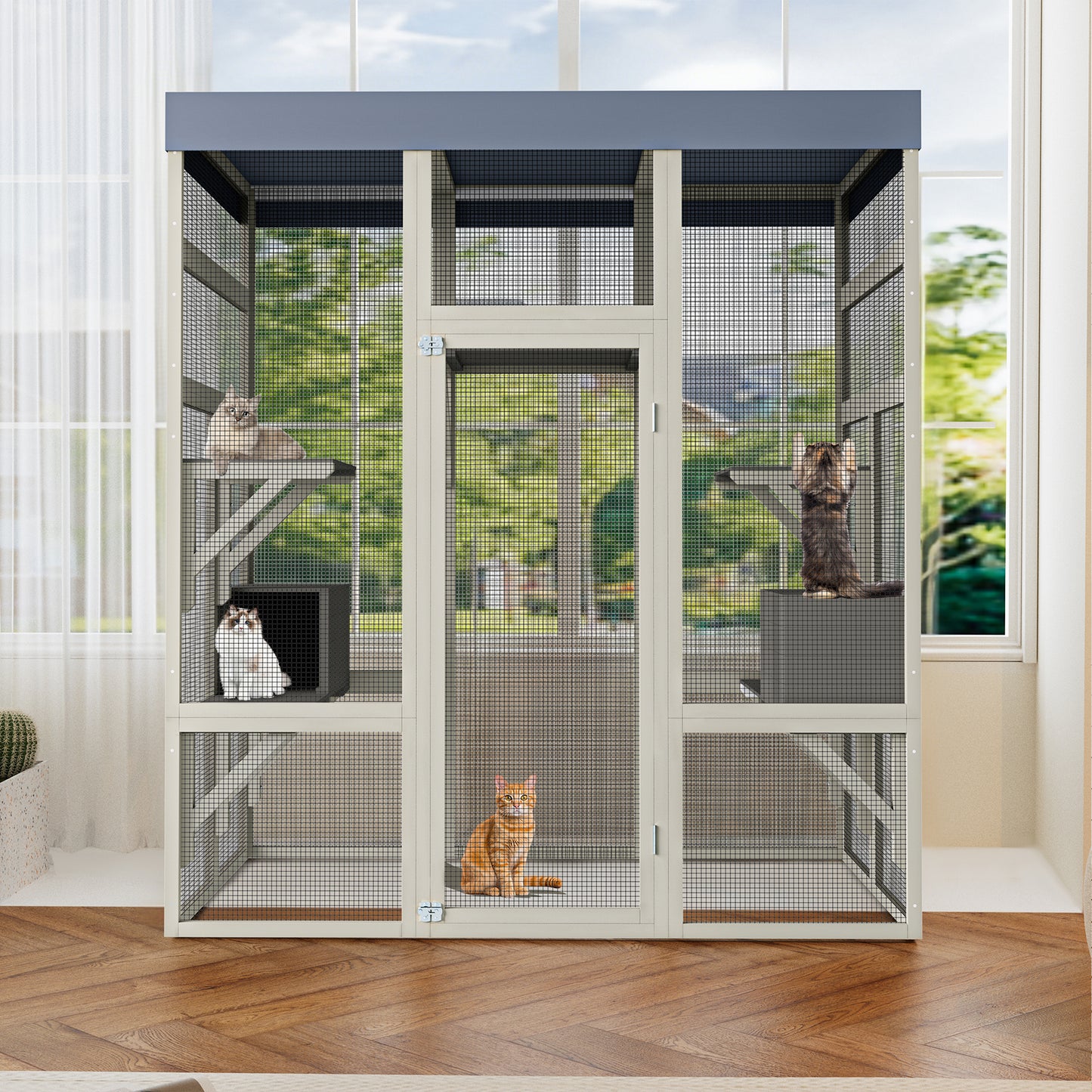 Large Wooden Cat Enclosure with Waterproof Cover, Napping Houses & Platforms - 62.6 Inches