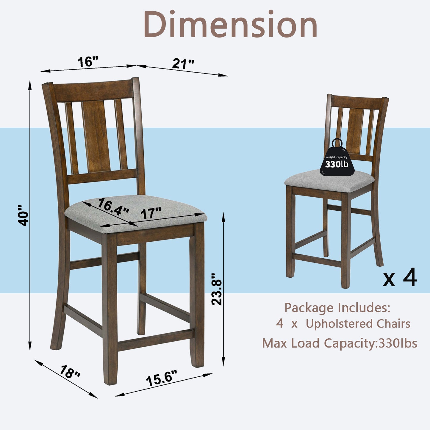 Walnut Wooden Counter Height Dining Chairs Set of 4 with Padded Seats