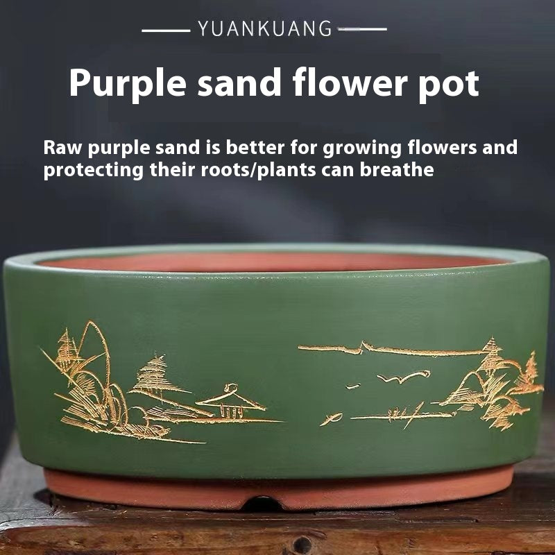 Indoor Bonsai Flower Pot - Round Purple Sand Plant Container for Home Garden