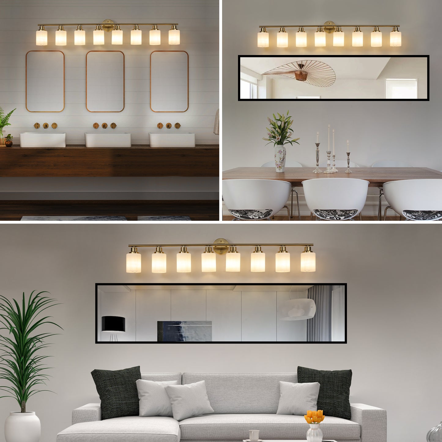 Modern 8-Light Wall Sconce - Golden Finish with Frosted Glass Shades