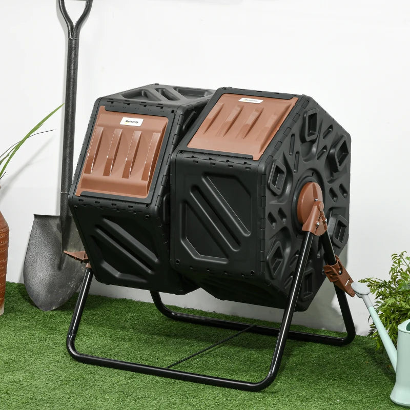 Dual Chamber Compost Tumbler Bin 34.5 Gallon Outdoor Garden Tool Brown & Black