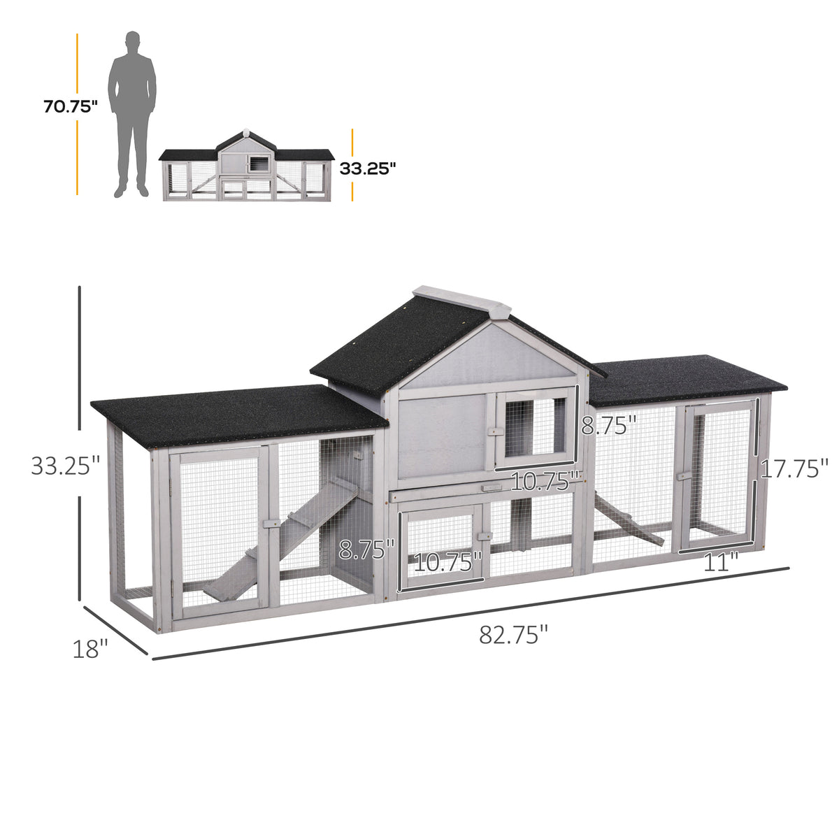 Large Wooden Rabbit Hutch 83 Inch 2-Story Pet House with Run & Ladder - Gray