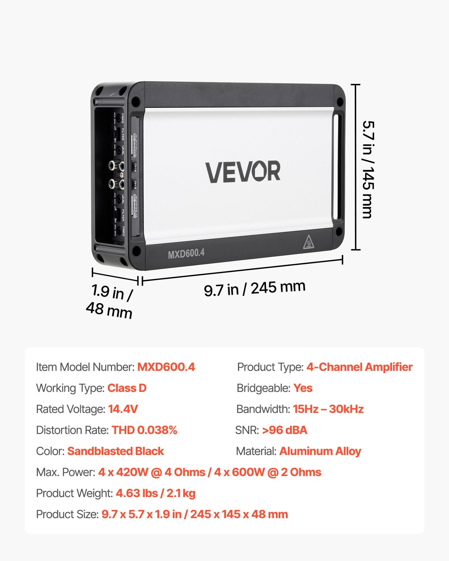 4 Channel Car Audio Amplifier 600W Peak, 2 Ohm Stable, Bridgeable Full Range Amp