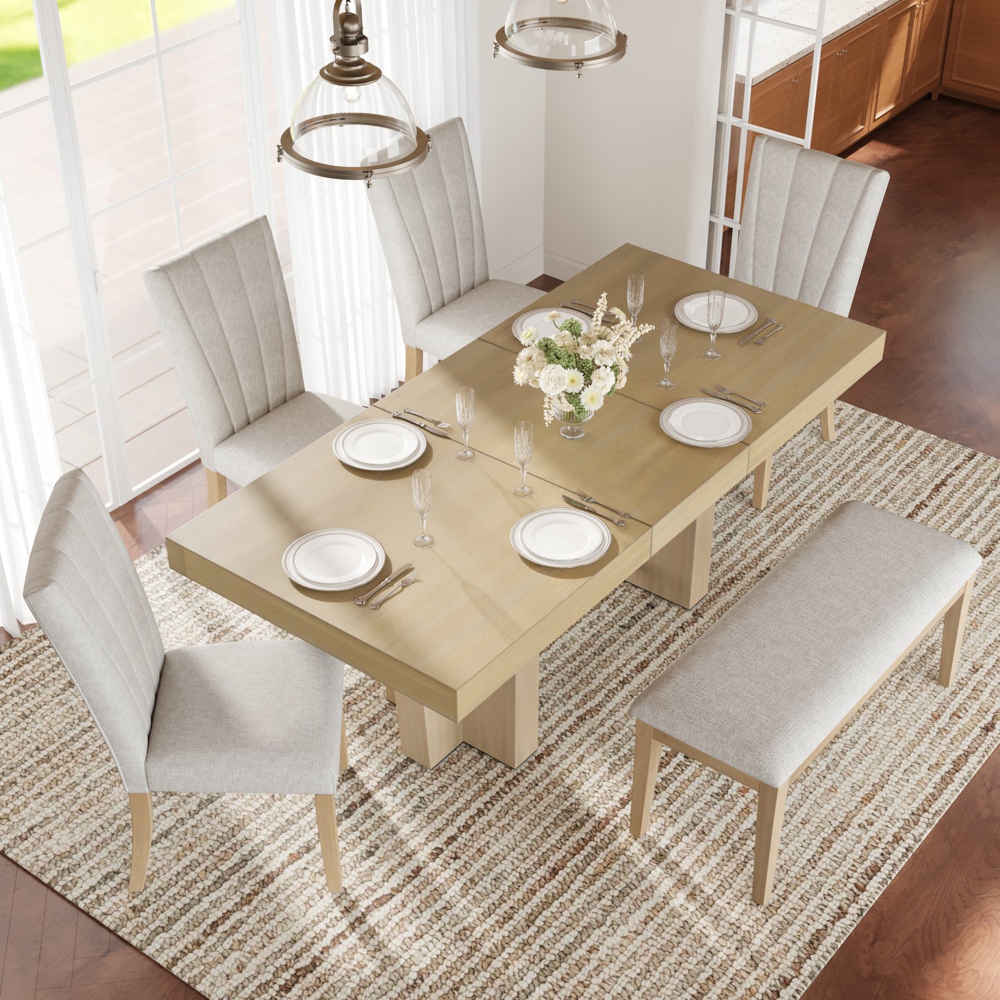 Extendable Wood Dining Table Set for 6 with Bench & 4 Chairs - Natural Beige