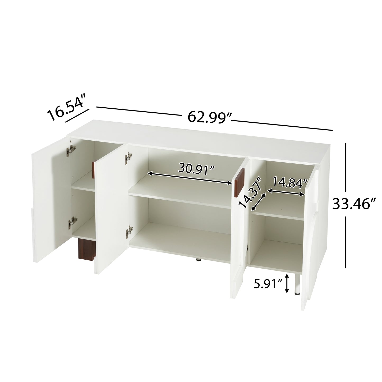 Modern White Sideboard Buffet Cabinet - 62.9" Wide with 4 Doors & Adjustable Shelves