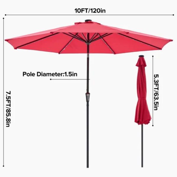 10 Ft Patio Umbrella with LED Solar Lights, Outdoor Sun Shade, Red