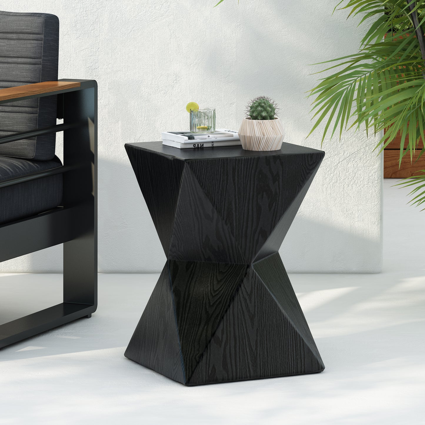 14.25 Black Prismatic Symmetry Concrete Side Table With Smooth Wood
