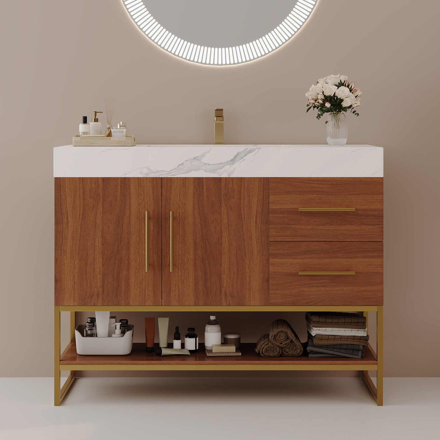 36" Modern Free-Standing Bathroom Vanity with Seamless Sink - Gold, Walnut, White