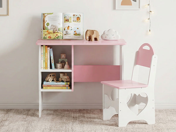 Kids Desk And Chair Set Children Study With Storage Shelf Wooden