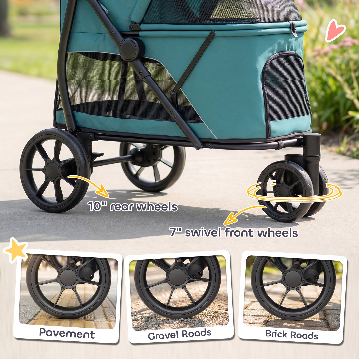 3 Wheel Pet Stroller for Medium Dogs with Quick Fold Mesh Window & Washable Cushion - Dark Green