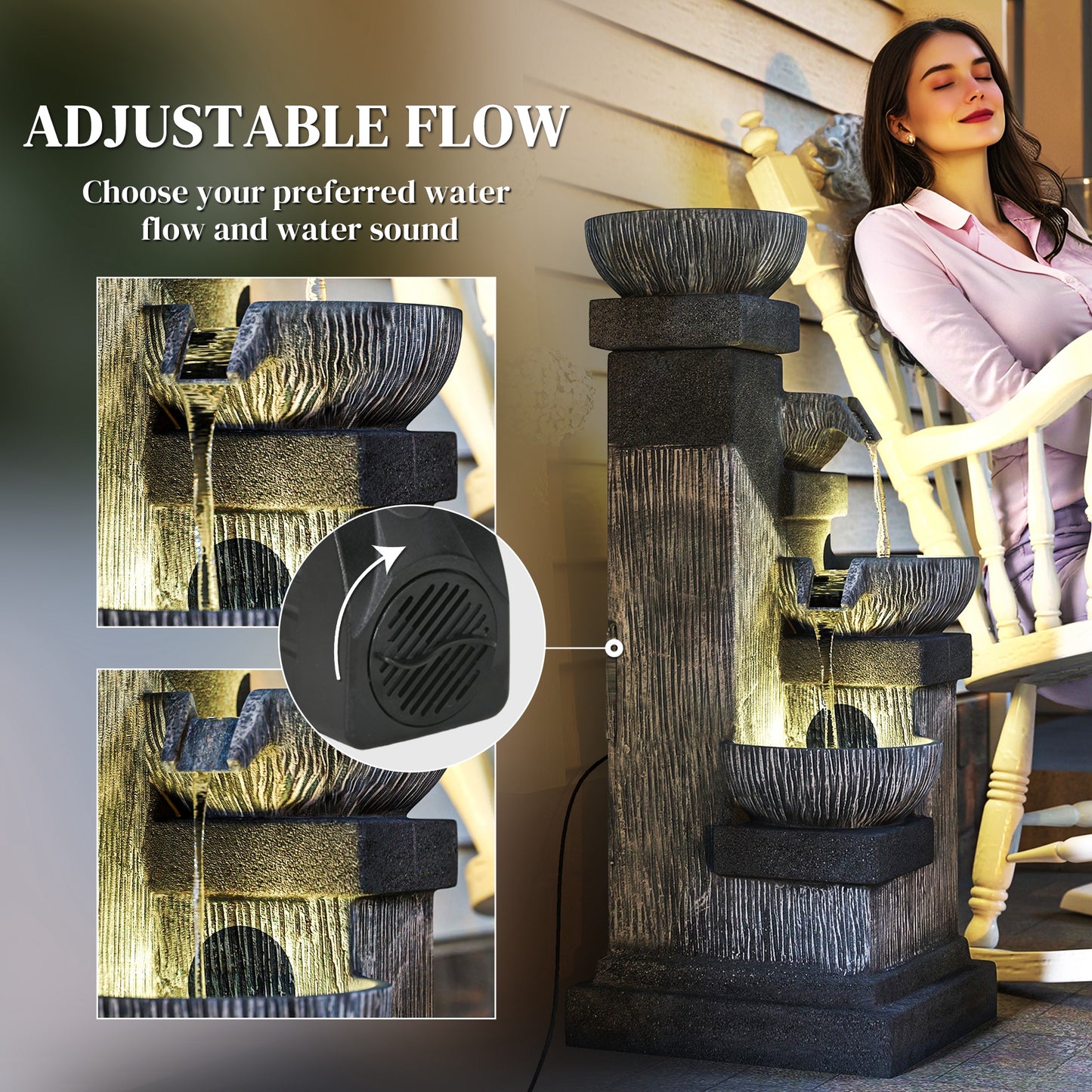 33.5-inch Outdoor Water Fountain with LED Lights 4-Tier Cascading Bowls