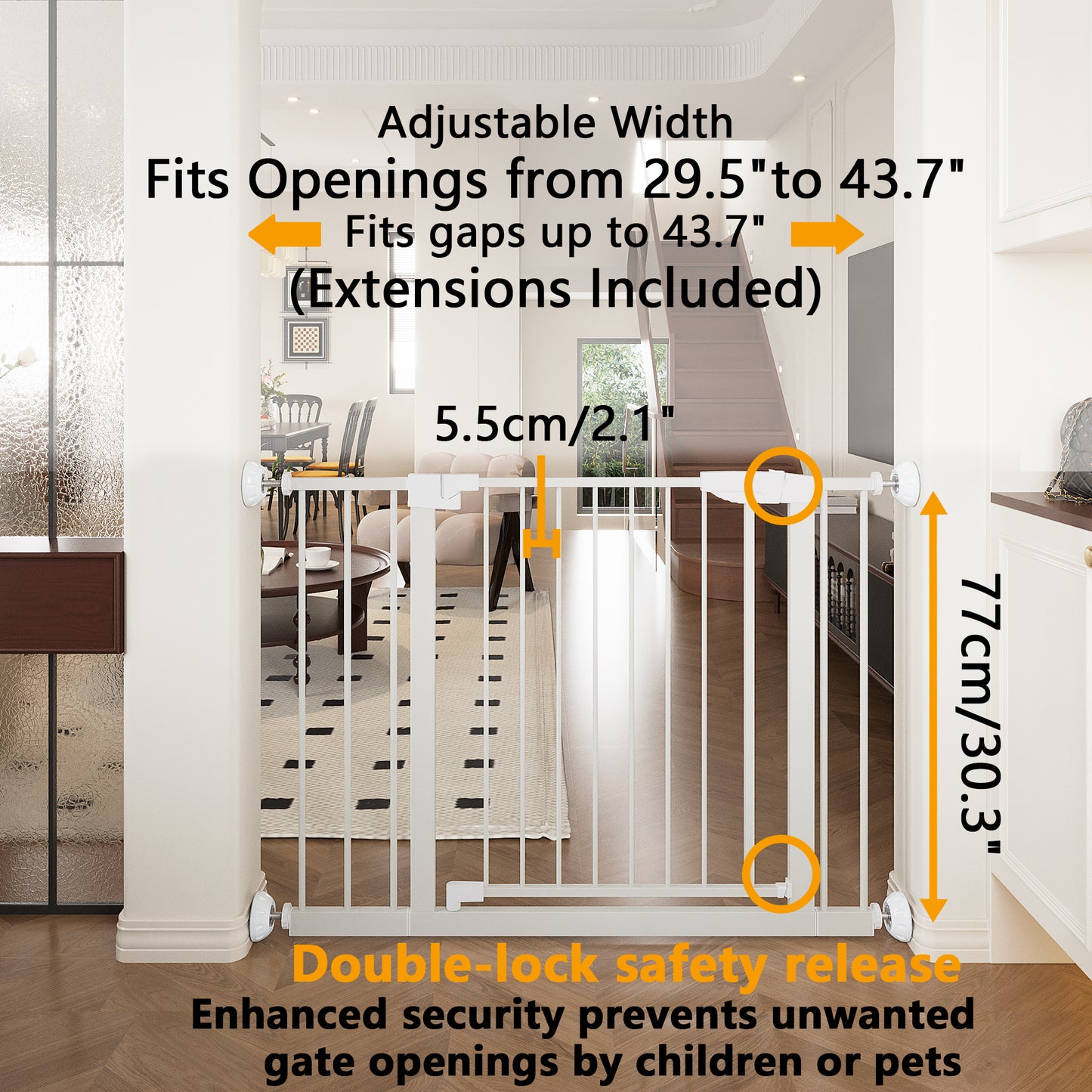 Wide Baby Gate 29.5-45.3" with Walk-Through Design - White