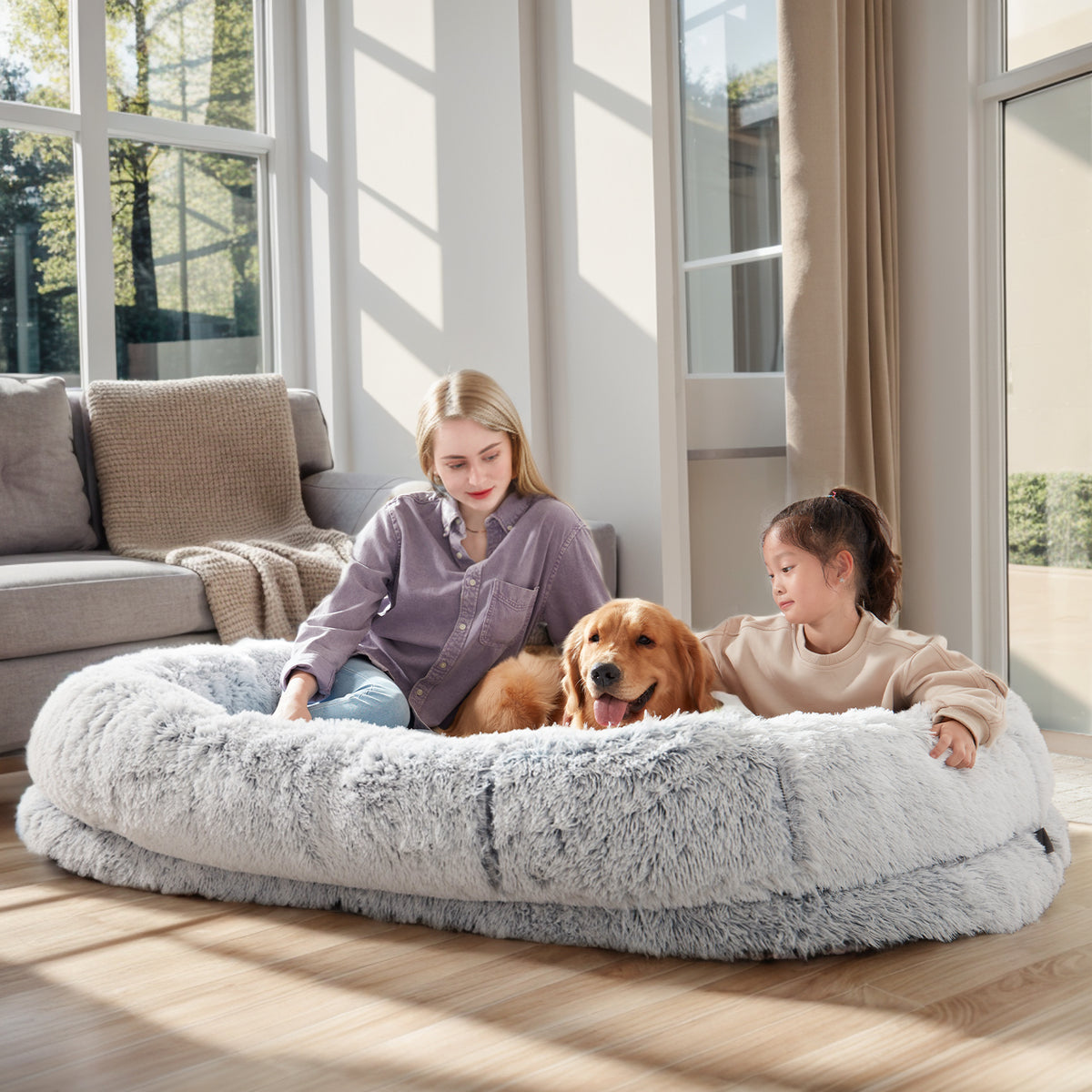 Large Washable Faux Fur Dog and Human Lounge Bed with Orthopedic Support, Pillow & Blanket