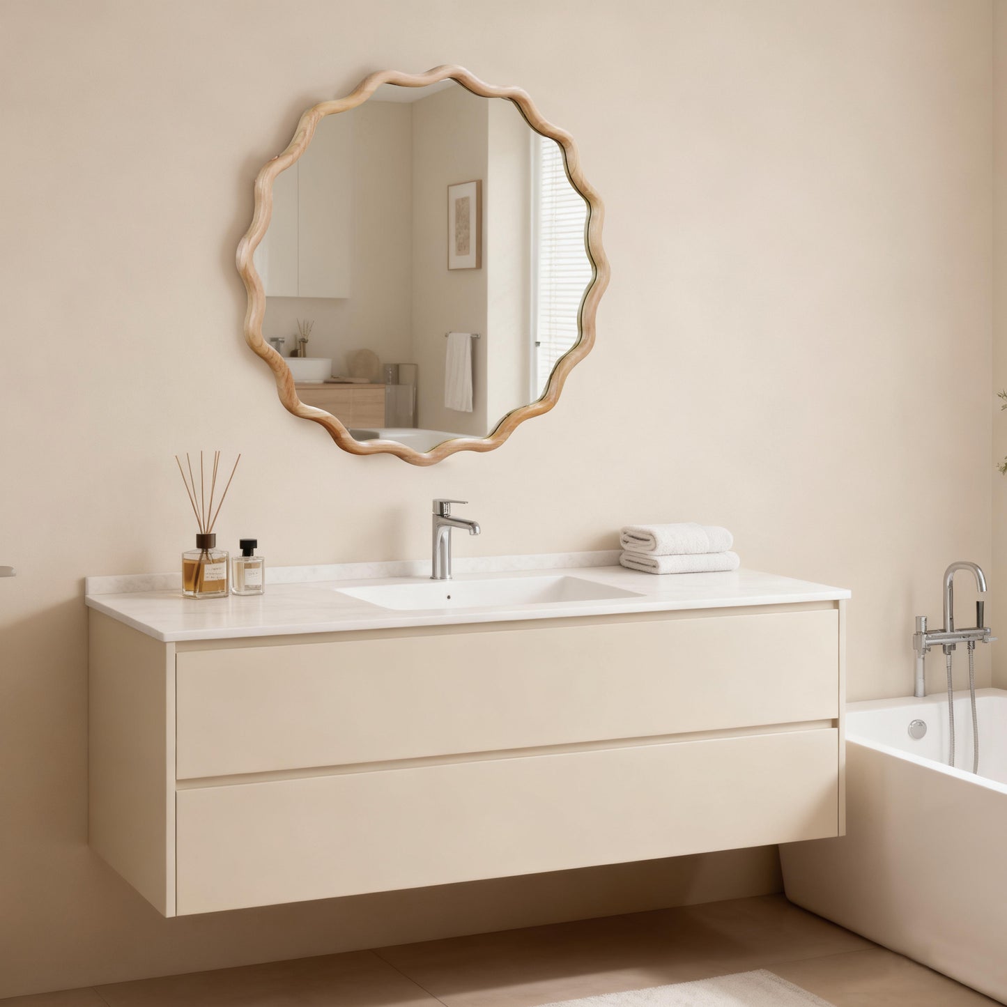 30-Inch Wavy Round Solid Wood Frame Decorative Mirror - Natural Wood