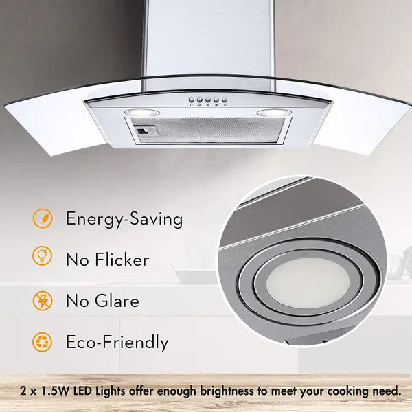 30-Inch Wall Mount Range Hood 450CFM with Tempered Glass, 3-Speed Fan & LEDs