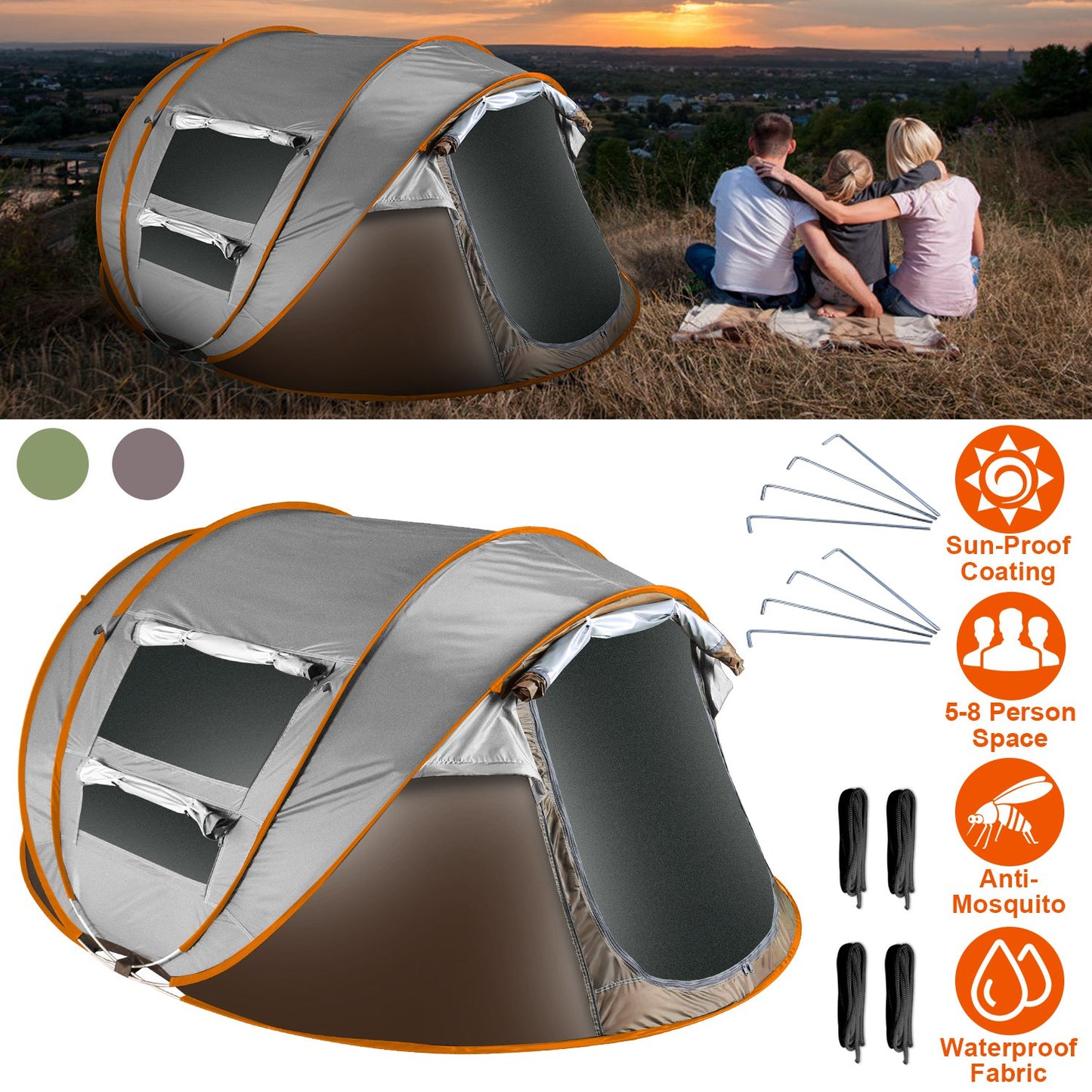 5-8 Person Automatic Pop-Up Camping Tent - Waterproof Khaki