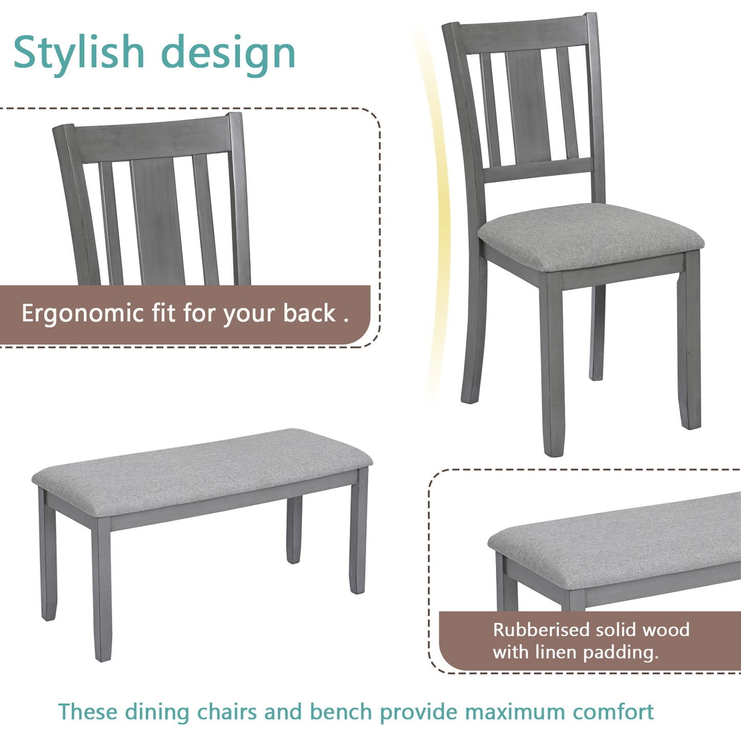 6-Piece Rectangular Wooden Dining Set with Upholstered Chairs & Bench - Gray
