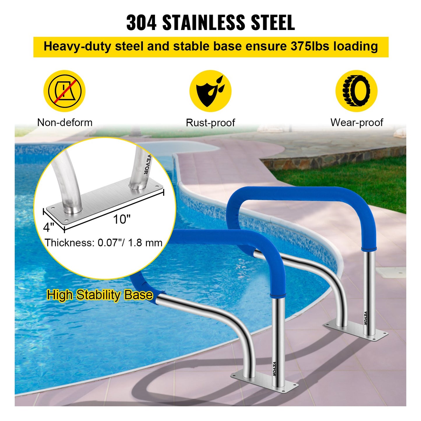 Swimming Pool Handrail 4ft Stainless Steel Stair Rail with Nylon Grip & Base Plate